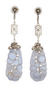 A PAIR OF CHINESE BLUE LACE AGATE EARRINGS