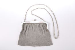 A SILVER AND ENAMEL CHAIN MESH EVENING BAG