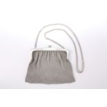 A SILVER AND ENAMEL CHAIN MESH EVENING BAG