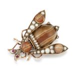 A 19TH CENTURY AGATE, DIAMOND, PEARL AND RUBY MOTH BROOCH