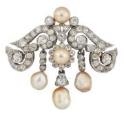 A NATURAL SALTWATER PEARL AND DIAMOND BROOCH