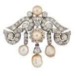 A NATURAL SALTWATER PEARL AND DIAMOND BROOCH