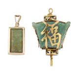 A 9CT JADE PENDANT AND A CHINESE AVENTURINE PENDANT