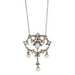 A BELLE EPOQUE DIAMOND AND PEARL PENDANT