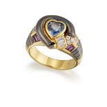 AN 18CT SAPPHIRE, RUBY AND DIAMOND HEART SHAPED RING