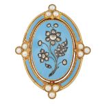 A FRENCH 19TH CENTURY ENAMEL, PEARL AND DIAMOND BROOCH