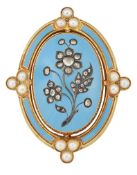 A FRENCH 19TH CENTURY ENAMEL, PEARL AND DIAMOND BROOCH