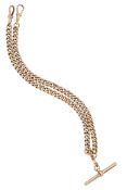 A 9CT GOLD ALBERT CHAIN, the T-bar stamped '9c', with curblink chain and lobster clasps both stamped