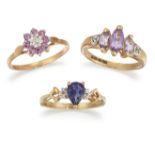 THREE 9CT DIAMOND AND GEMSET RINGS