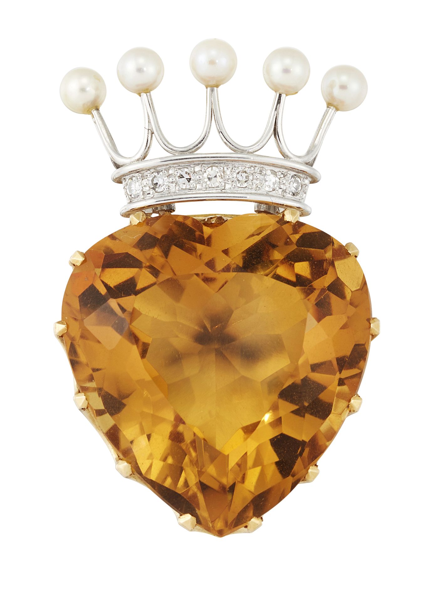 A 9CT CITRINE, DIAMOND CULTURED PEARL HEART AND CROWN BROOCH