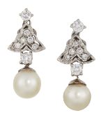 A PAIR OF CULTURED PEARL AND DIAMOND EARRINGS, the off-round cultured pearls, each approx. 8mm