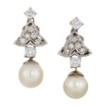 A PAIR OF CULTURED PEARL AND DIAMOND EARRINGS, the off-round cultured pearls, each approx. 8mm