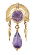 A 19TH CENTURY AMETHYST AND SEED PEARL BROOCH