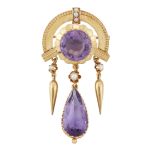 A 19TH CENTURY AMETHYST AND SEED PEARL BROOCH