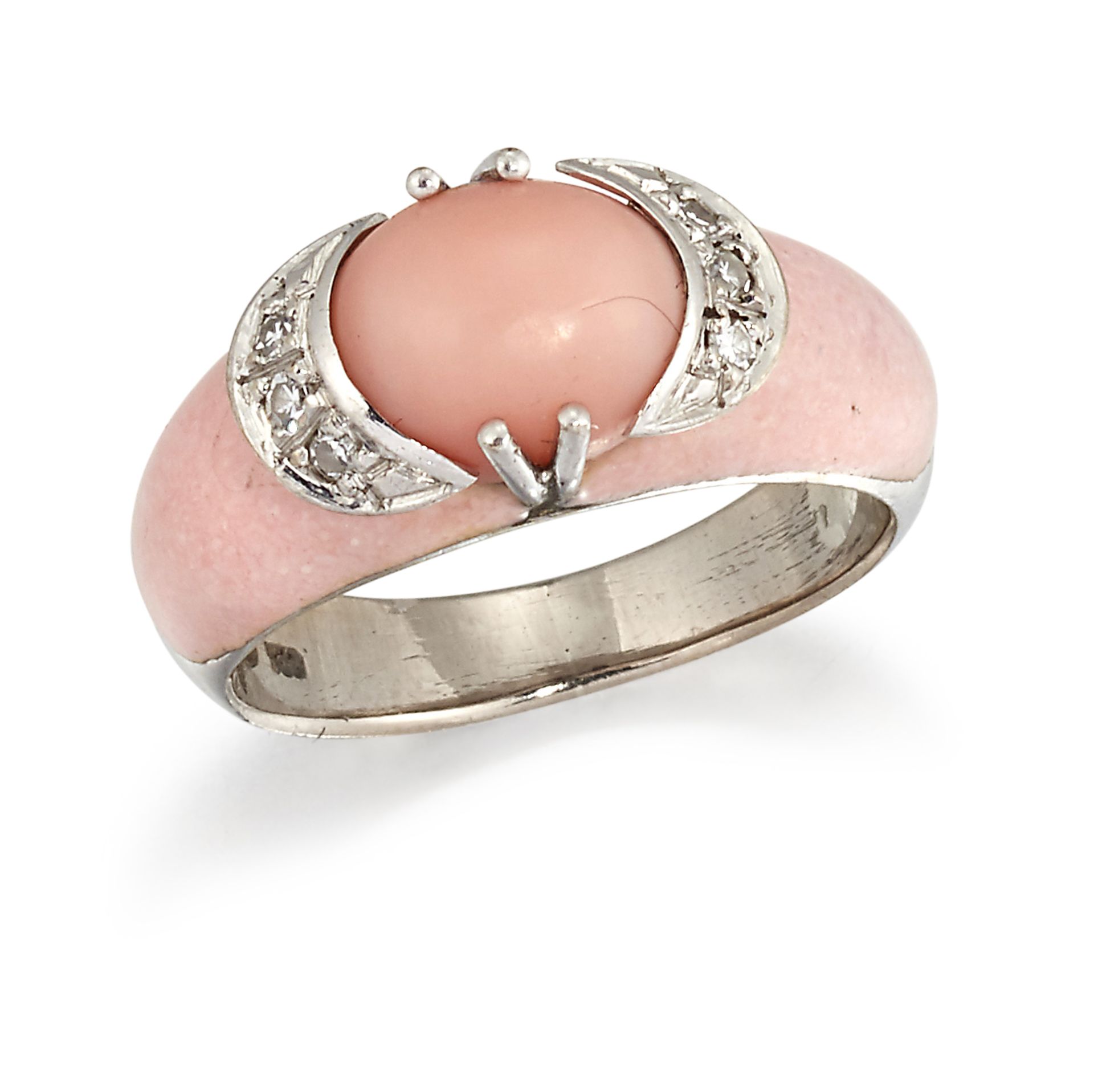 AN 18CT WHITE GOLD CORAL, DIAMOND AND ENAMEL RING