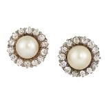 A PAIR OF NATURAL SALTWATER PEARL AND DIAMOND EARSTUDS