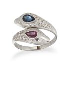 A SAPPHIRE, RUBY AND DIAMOND DOUBLE SNAKE HEAD RING