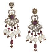 A PAIR OF RUBY, WHITE HARDSTONE AND CULTURED PEARL EARRINGS