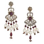 A PAIR OF RUBY, WHITE HARDSTONE AND CULTURED PEARL EARRINGS