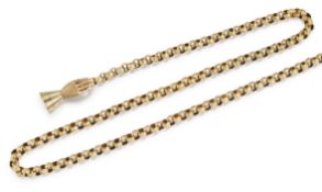 A 14CT GOLD FANCY LINK LONG CHAIN AND HAND CLASP