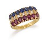 A LATE VICTORIAN SAPPHIRE, RUBY AND DIAMOND RING