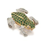 AN 18CT AND PLATINUM DIAMOND AND EMERALD FROG BROOCH