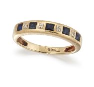 A 9CT SAPPHIRE AND DIAMOND HALF ETERNITY RING, the square step cut sapphires alternated with