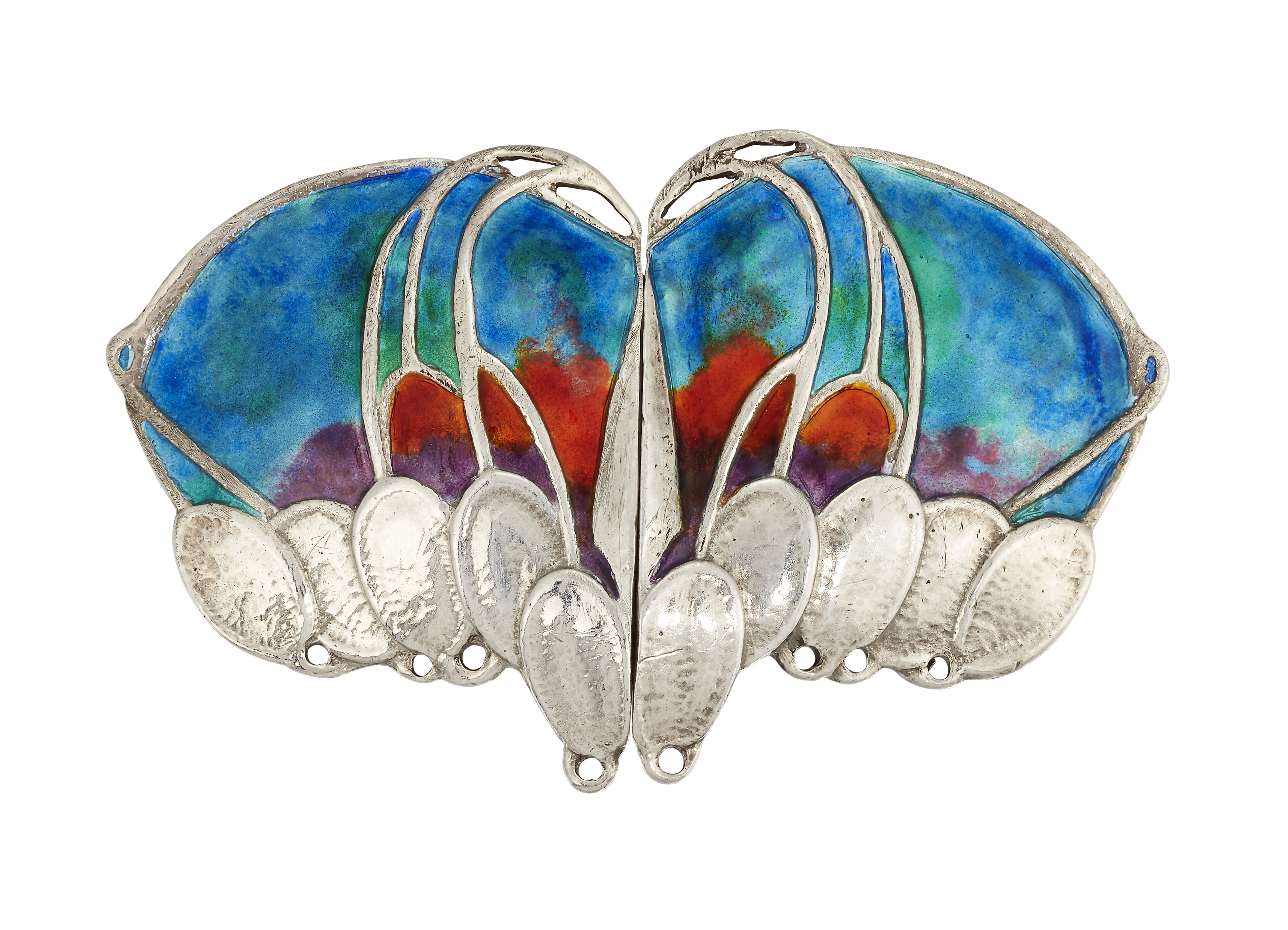 A LIBERTY & CO SILVER AND ENAMEL CYMRIC SILVER BELT BUCKLE BY ARCHIBALD KNOX