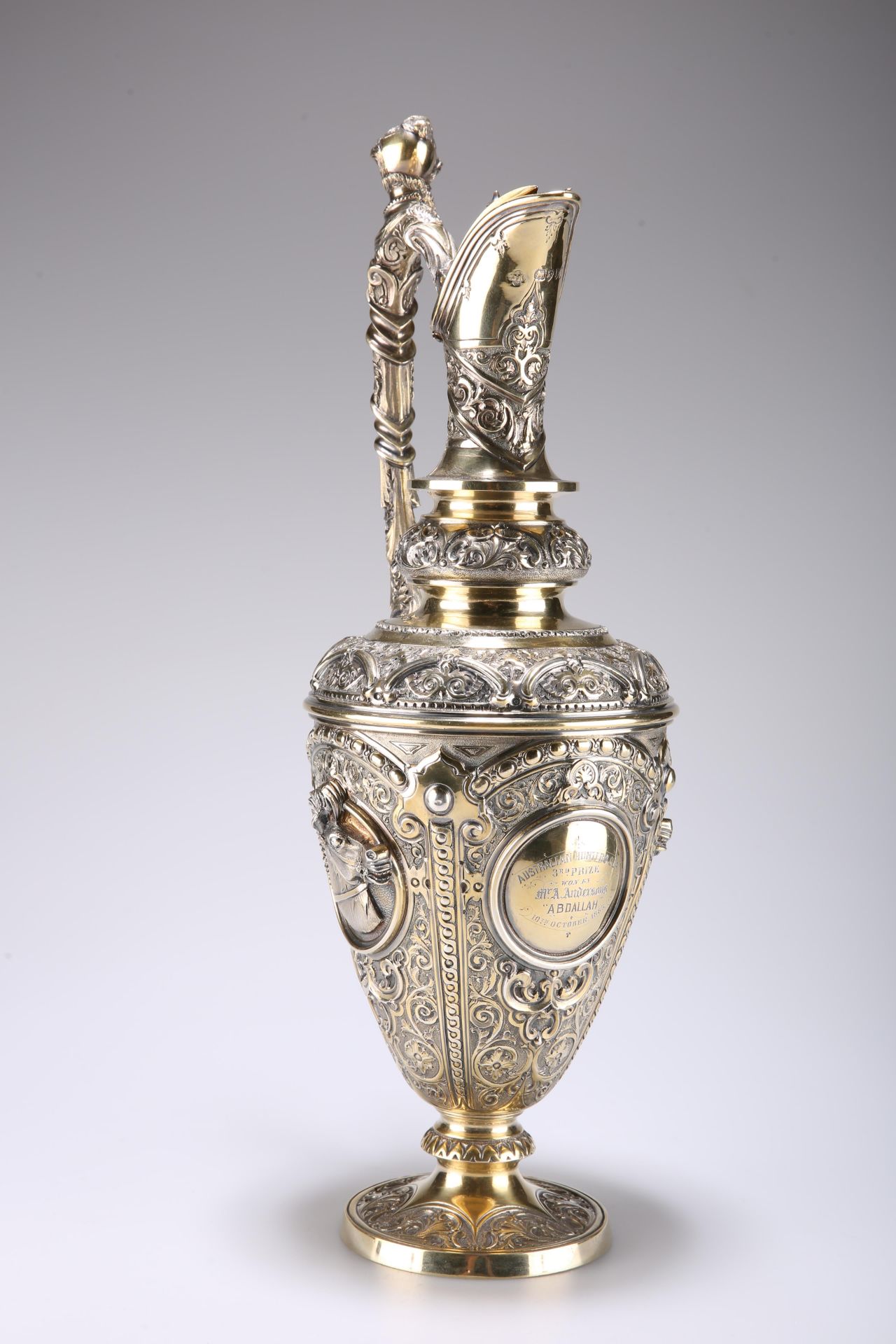 A LARGE VICTORIAN SILVER-GILT PRESENTATION CLARET JUG - Image 3 of 5