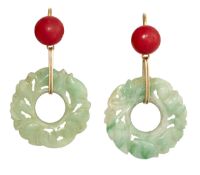 A PAIR OF JADE AND CORAL EARRINGS