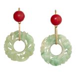 A PAIR OF JADE AND CORAL EARRINGS