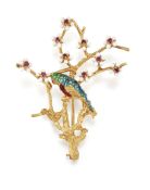 AN 18CT ENAMEL AND RUBY PARROT BROOCH