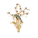 AN 18CT ENAMEL AND RUBY PARROT BROOCH