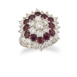 A RUBY AND DIAMOND CLUSTER RING