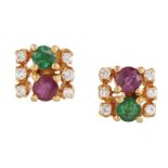 A PAIR OF '21K' DIAMOND, RUBY AND EMERALD EARRINGS