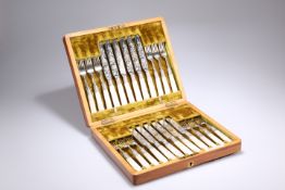 A SET OF VICTORIAN SILVER AND MOTHER-OF-PEARL HANDLED FRUIT KNIVES AND FORKS