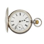 A HALLMARKED SILVER HALF HUNTER OMEGA POCKET WATCH