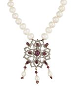 A RUBY, WHITE HARDSTONE AND CULTURED PEARL NECKLACE