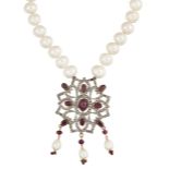 A RUBY, WHITE HARDSTONE AND CULTURED PEARL NECKLACE