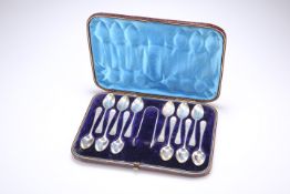 A SET OF TWELVE VICTORIAN SILVER TEASPOONS AND SUGAR TONGS