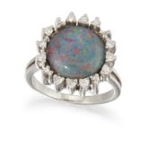 A 14CT BLACK OPAL AND DIAMOND RING