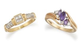 AN 18CT DIAMOND RING AND A 9CT AMETHYST RING