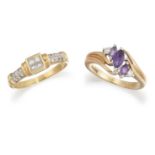 AN 18CT DIAMOND RING AND A 9CT AMETHYST RING