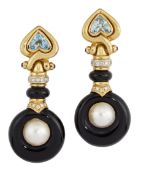 A PAIR OF 18CT TOPAZ, DIAMOND, ONYX AND CULTURED PEARL EARRINGS