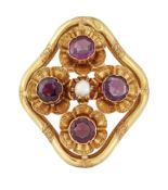 A RUBY AND PEARL BROOCH
