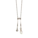 A 14CT NATURAL SALTWATER PEARL AND DIAMOND NEGLIGEE NECKLACE