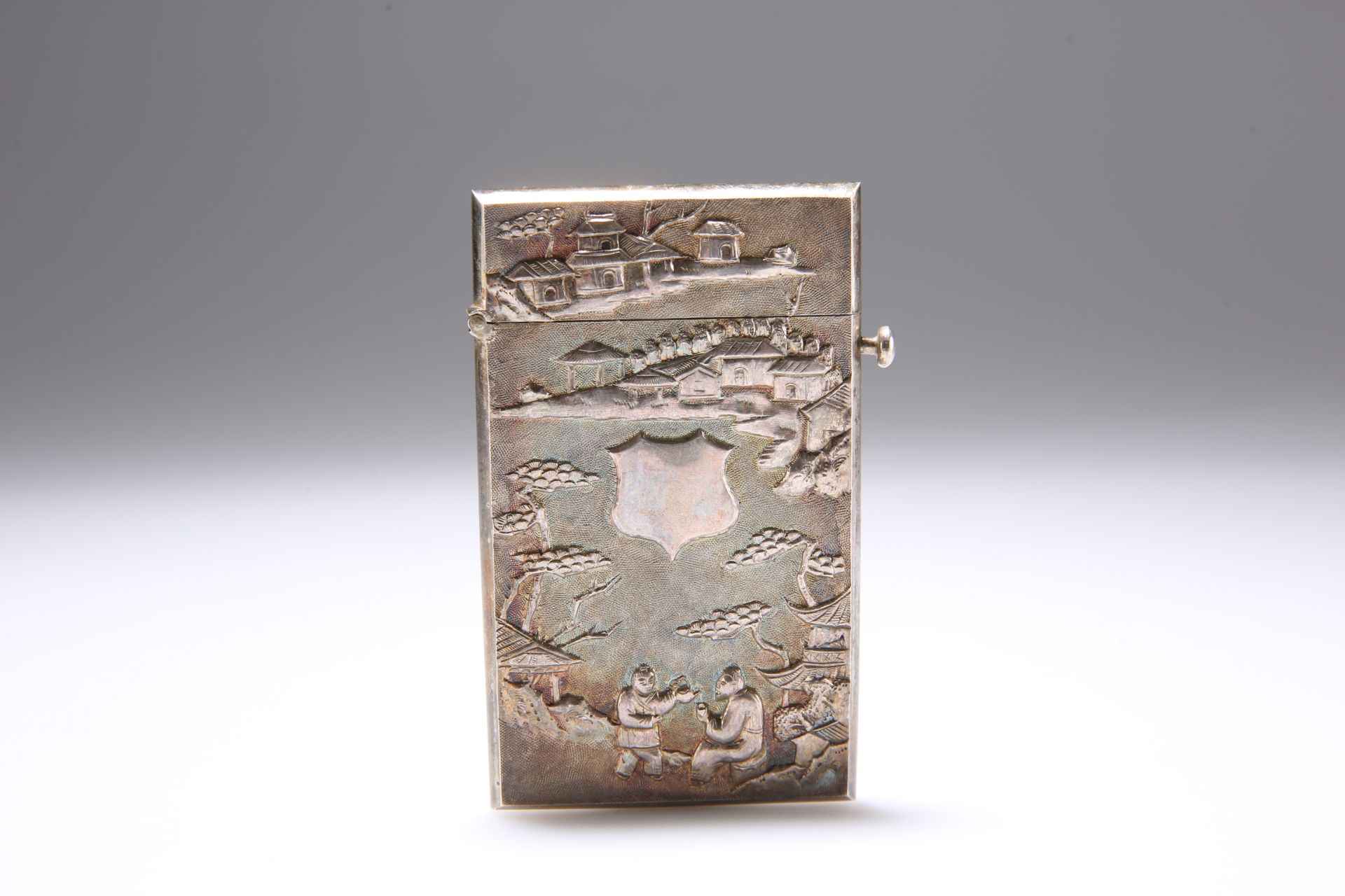 A CHINESE WHITE METAL CARD CASE