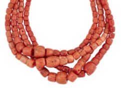 A FOUR ROW CORAL BEAD NECKLACE