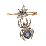 A 19TH CENTURY DIAMOND, SAPPHIRE, RUBY AND SEED PEARL SPIDER AND FLY BROOCH