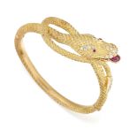 A DIAMOND AND RUBY SNAKE BANGLE